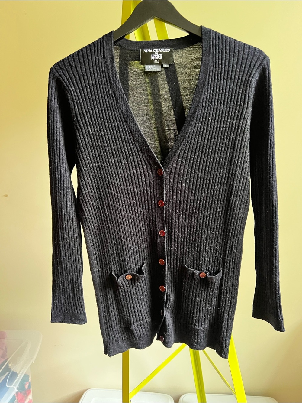 Nina Charles for Kasper ASL Black Ribbed Button-Up Cardigan 80’s